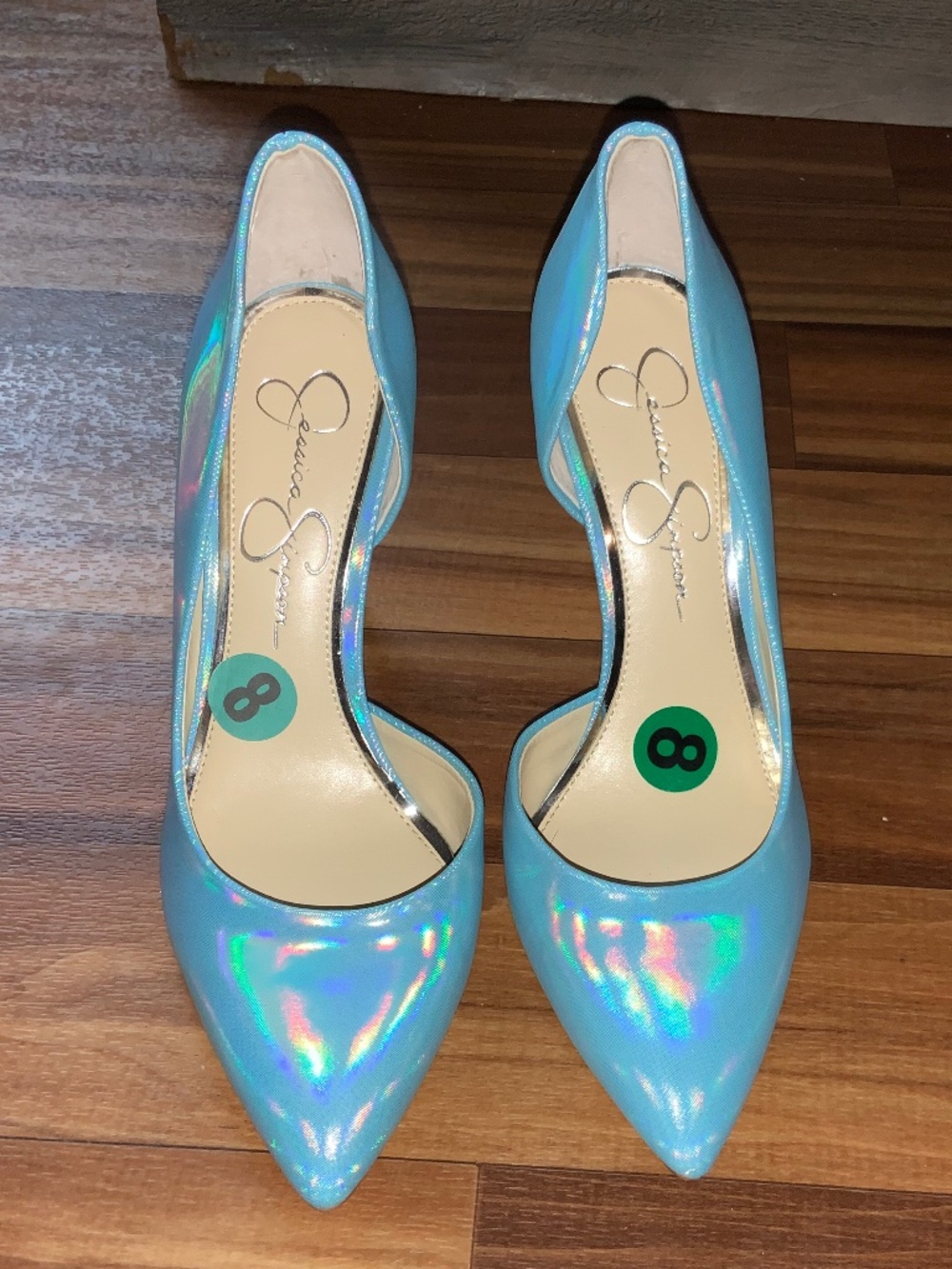Women’s Jessica Simpson blue holographic heels Preowned size 8